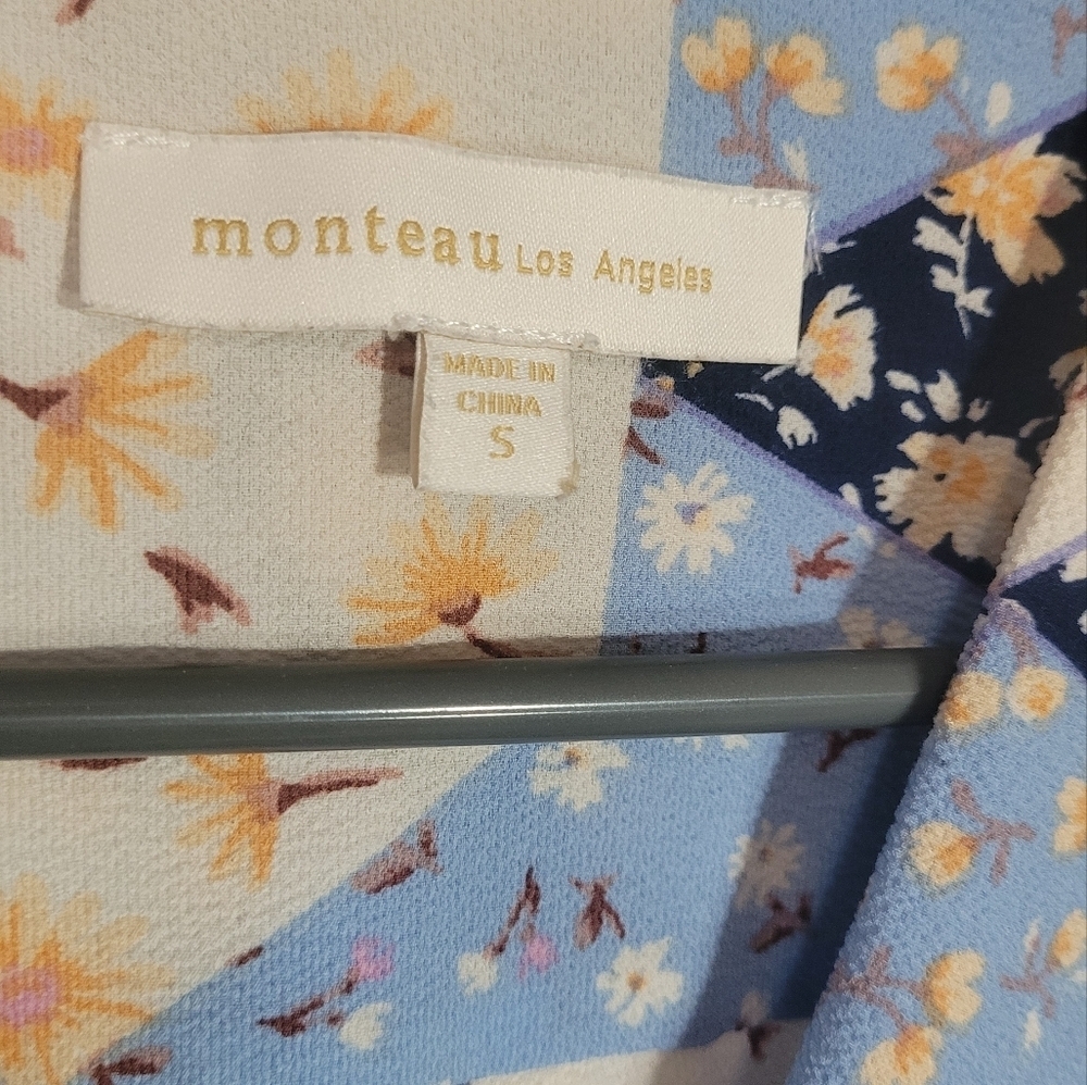 Monteau Los Angeles Dainty Floral Faux Wrap Blouse Top Small Patchwork - Picture 2 of 4